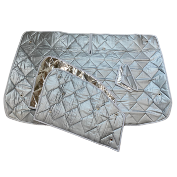 Frontscheiben-Thermomatte für VW Caddy, Teil des 5-teiligen PREMIUM-Sets, mit Spiegelausschnitt und silberner Reflexfläche.